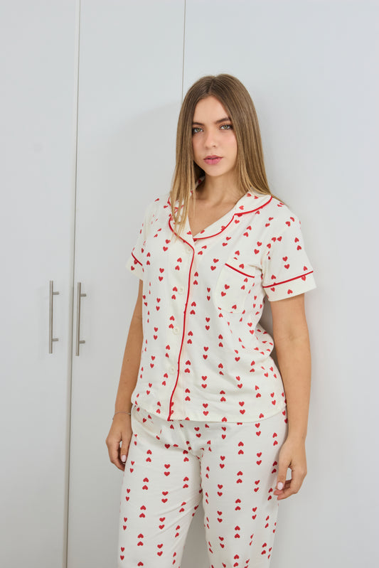 Pijama Amour - Pantalón y Camisa Manga Corta - Crema
