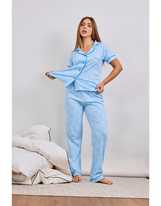 Pijama Celestine Pantalón y Camisa Manga Corta - Celeste