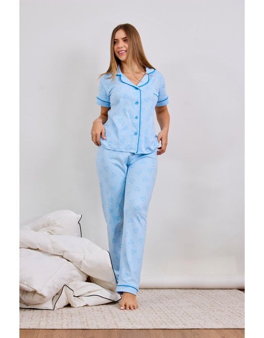 Pijama Celestine Pantalón y Camisa Manga Corta - Celeste