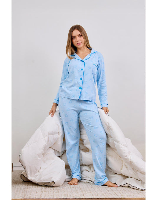 Pijama Celestine Pantalón y Camisa Manga Larga - Celeste